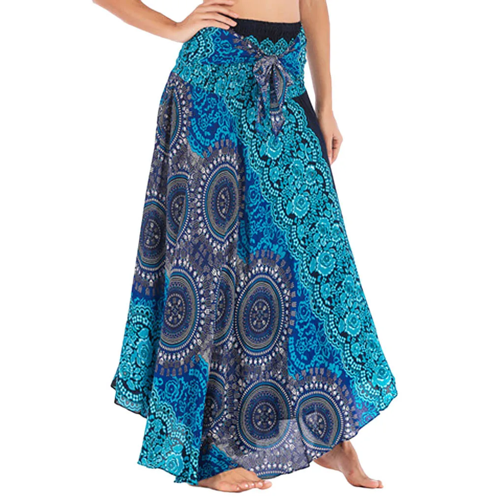 Женская длинная юбка хиппи богемная Цыганская Бохо эластичная талия юбка с принтом женские летние пляжные юбки Falda Corta# T1G - Цвет: Blue