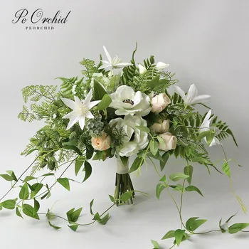 

PEORCHID 2020 Country Green White Wedding flowers For Bride Bouquet Rose Artificial Flowers Bouquet For Decoration