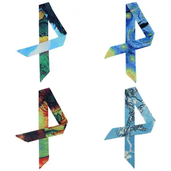 

Women Double Layer Satin Handbag Ribbon Starry Sky Oil Painting Print Skinny Neckerchief Scarf Vintage Styling Ponytail Headwear