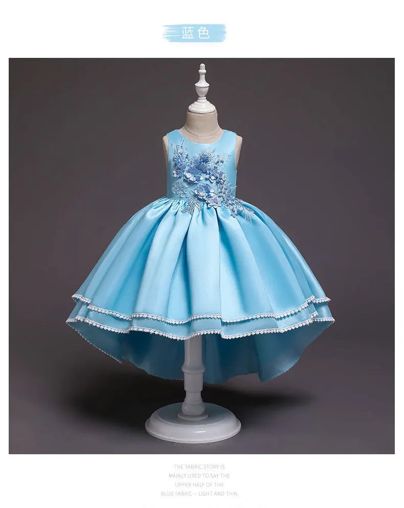 Girls Princess Dress Lace Tailing Dress Embroidery Front Brake Block Satin biao yan qun Host Flower Girl