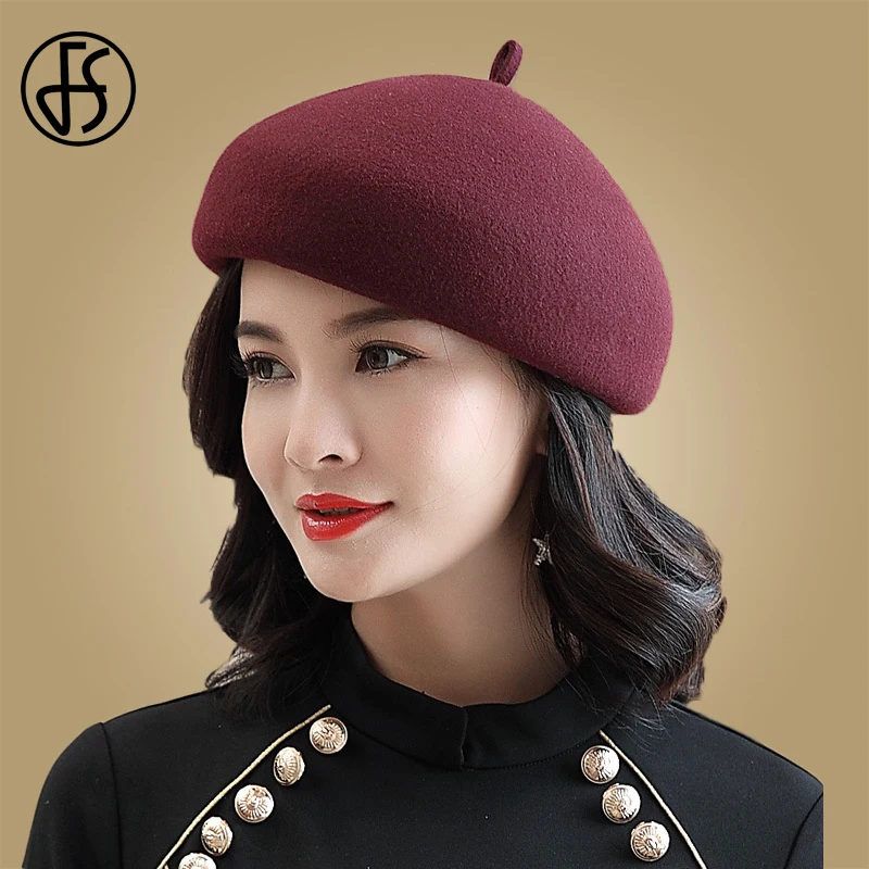 FS Vintage Red Beret Cap French Style Unisex Women Girls Wool Warm Winter Artist Caps Femme Black Octagonal Hat - Цвет: Purplish Red