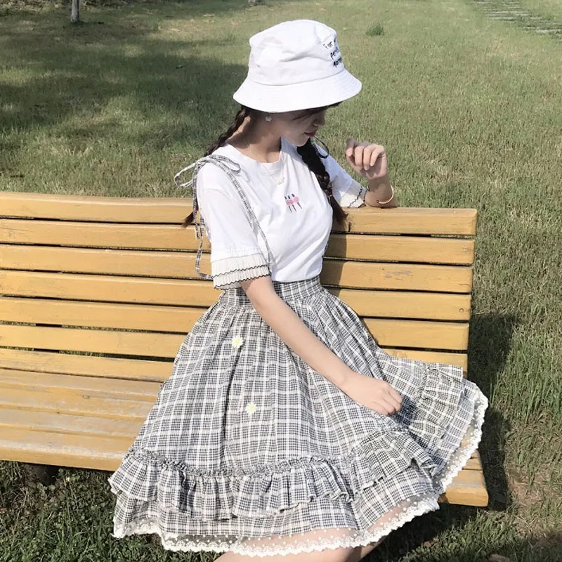 2020 New Japanese Summer Women Plaid High Waist Skirt With Strap Dress Cute Sweet Kawaii 2 Pcs Dress O Collar Plaid Daisy Dress