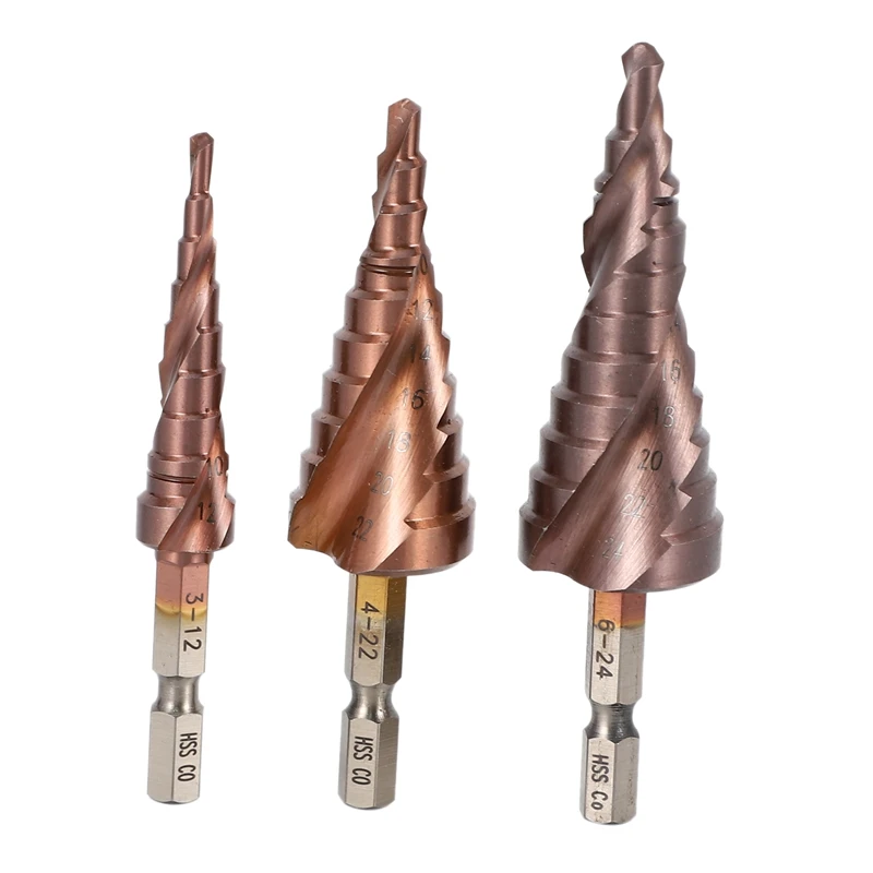 

Hex HSS Coated Step Drill Bit M35 HSS Co Spiral Groove Metal Step Drill 3-12 4-22 6-24mm