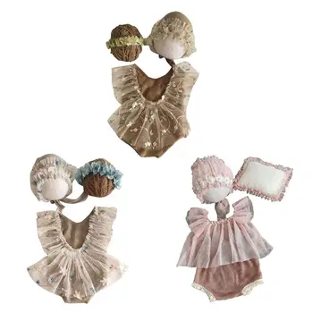 

4Pcs Newborn Photography Props Suit Lace Romper Hat Pillow Headband Set Outfits N1HB