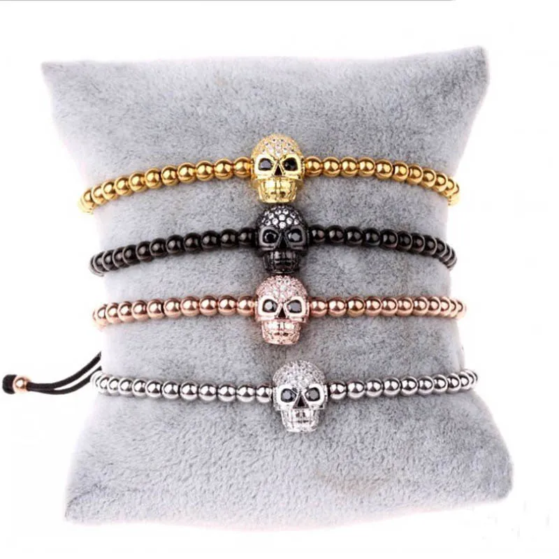 Simple design Gold Stainless Steel Beads CZ Pave Skull Charm Macrame Bracelet Men Women