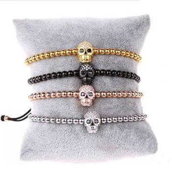 Simple design Gold Stainless Steel Beads CZ Pave Skull Charm Macrame Bracelet Men Women