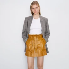 Ladyfirsy ZA Зимняя юбка трапециевидной формы из искусственной кожи для женщин Высокая талия офисная Сексуальная желтая юбка женская юбка с поясом