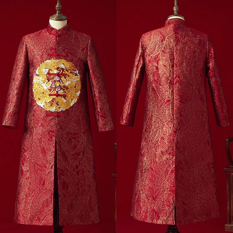 Винтаж Свободные Cheongsam традиционное китайское свадебное платье красный атлас Qipao Вышивка Дракон костюм Vestido восточные мужские KK3020
