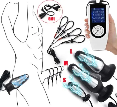 Electro Sex Toys Electric Sex Toys Penis Rings Super Strong BDSM Electric Shock Pulse Big Anal Butt Plug Prostate Massage Estim Bead Penis Delay Ring Men Orgasm Sex Tool Kit