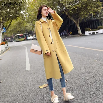 

Wool Women Single Breasted Long Coat Winter New Fashion Womens Korean Style Kawaii Ladies Elegant Clothes High Quality Hot Sale