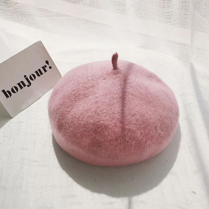 Pink Женские береты на весну и зиму, шапка в стиле художника, женские шерстяные винтажные береты, однотонные кепки, женская шапка, теплая прогулочная шапка - Цвет: Pink