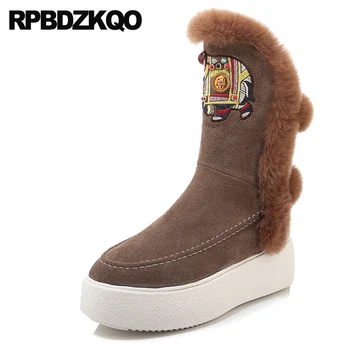 

embroidery wedge embroidered brand women winter boots genuine leather shoes platform warm high heel mid calf ladies flatform