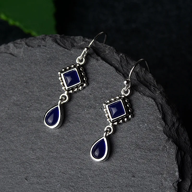 Bague Ringen геометрические серебряные 925 ювелирные изделия квадратные сапфировые серьги для женщин Длинная водяная капля в форме ушей элегантные юбилейные - Цвет камня: Синий