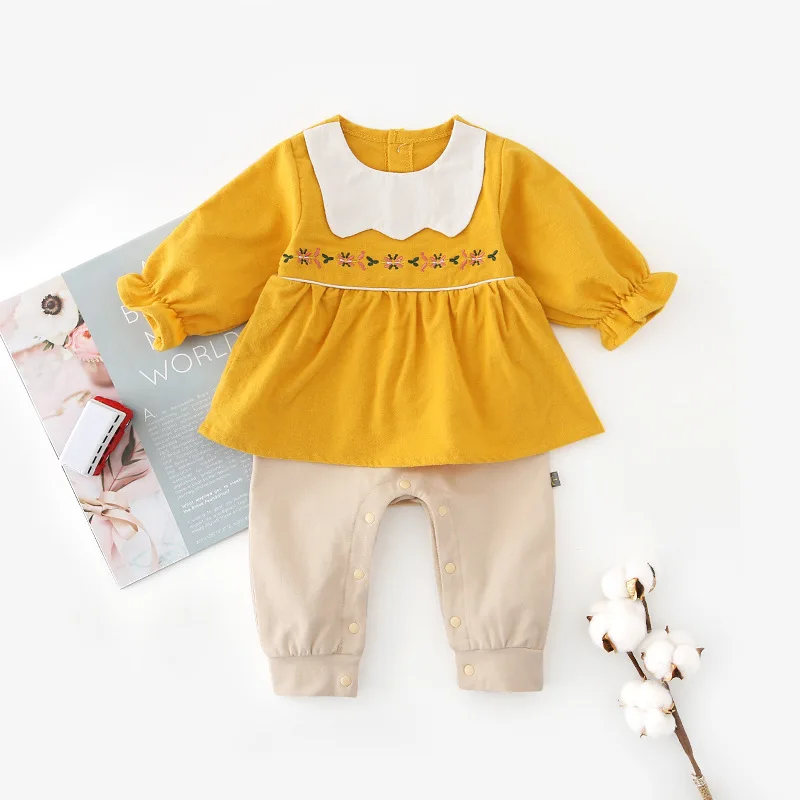 

Clothes for Babies Spring And Autumn Girls Embroidered Ruffled Collar Mock Two-Piece Onesie Korean-style Baby Climbing Clothes