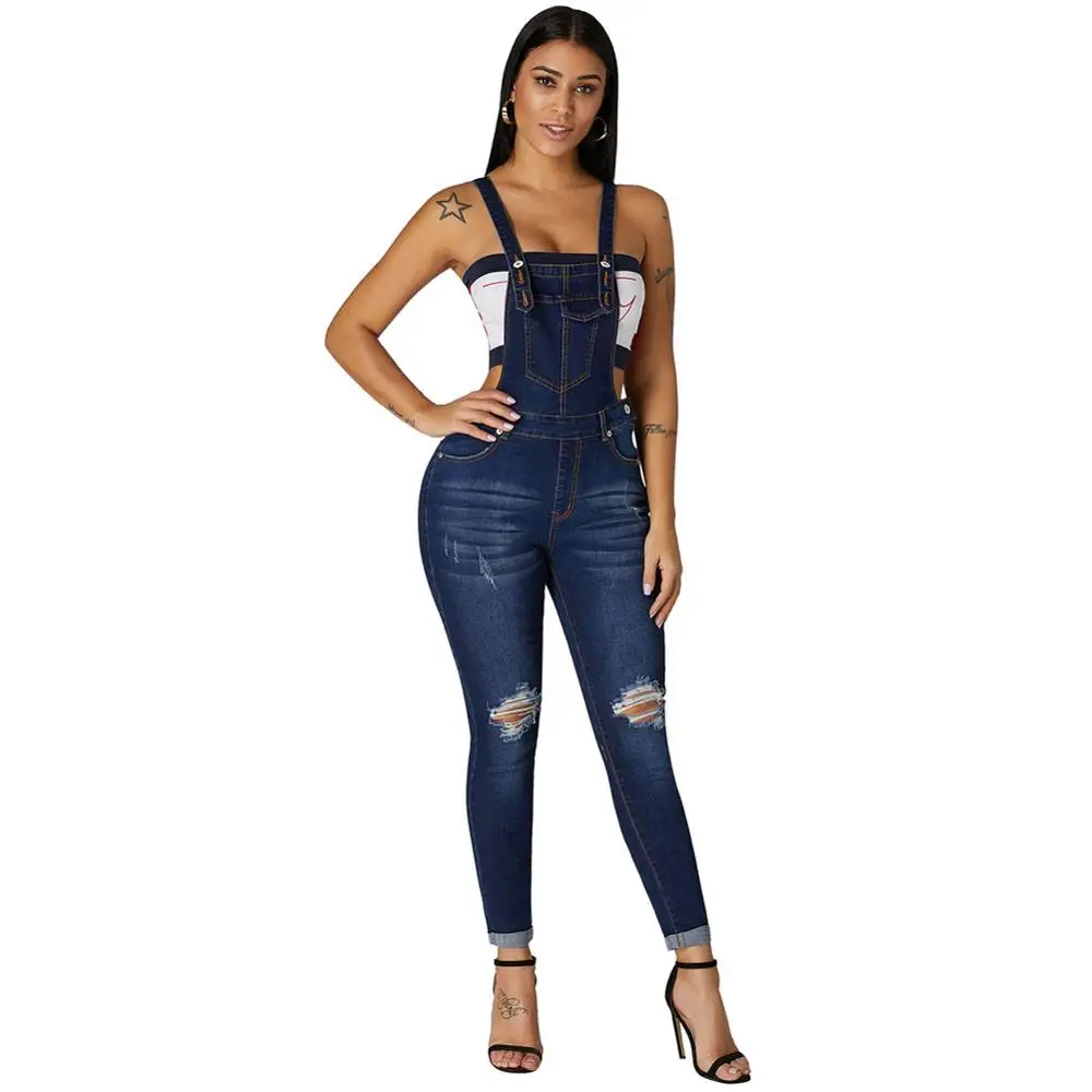 Women Light Blue Dark Blue with hole Femal fashion Denim Laidback Distressed Overalls good pants Couplet trousers suspenders - Цвет: Синий