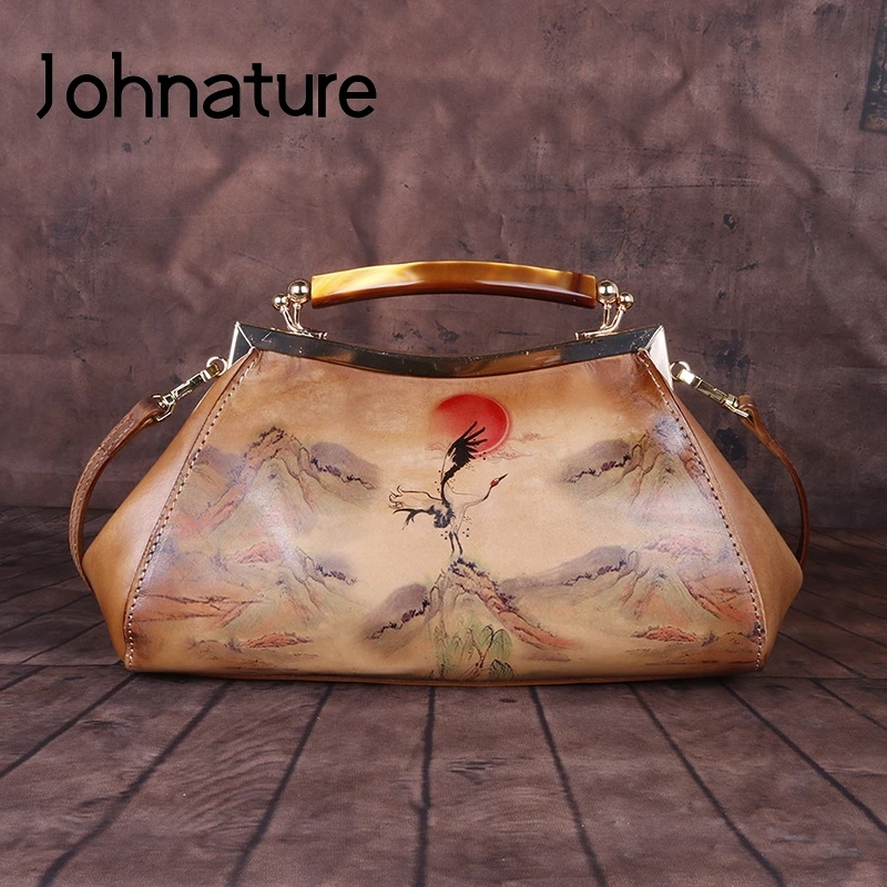 Johnature Retro Handmade Genuine Leather Women Handbag 2021 New Landscape Hasp First Layer Cowhide Ladies Shoulder Luxury Bag