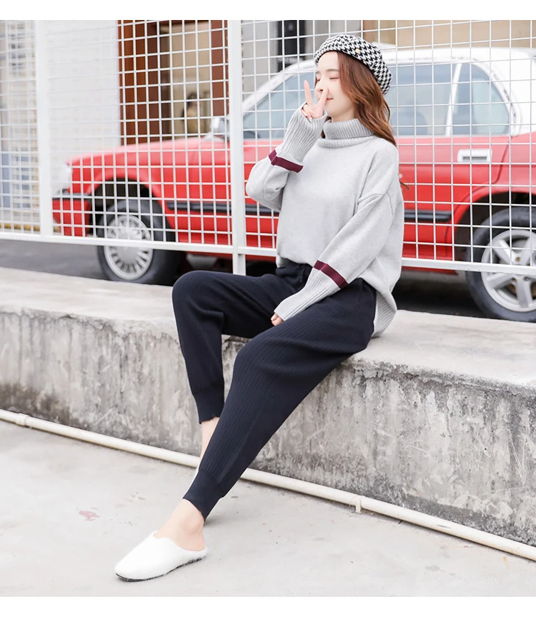 Knitted Harem Pants Women Drawstring Skinny Pants Mid Waist Trousers Pockets Knitted Striped Sweatpants Pantalon Femme 7285 50