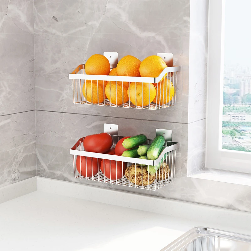 304 Stainless Steel Kitchen Wall Mount Storage Basket Spice Rack Vegatable Caddy Fruit Drainer Organizer Drying Shelf Container Storage Baskets Aliexpress