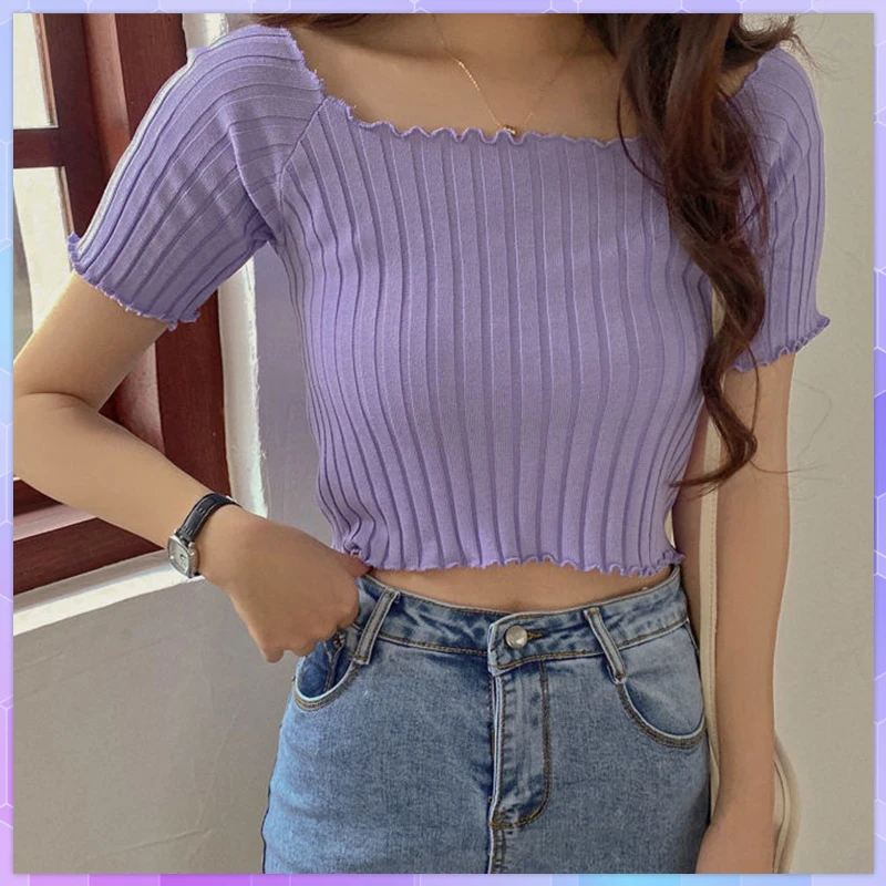 

Off Shoulder Women's T-shirts Knitting Crop Tops Female Solid Short Sleeve Stretchy Ruffles Hem T-shirts Stripes Tops For Women