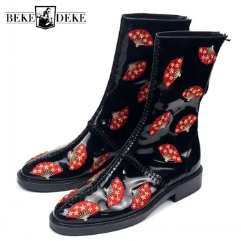 

Designer Runway Mens Fan Embroidery Boots Zipper Genuine Leather Mid Calf Boots Male Handmade Bikers Riding Boots Safety Shoes