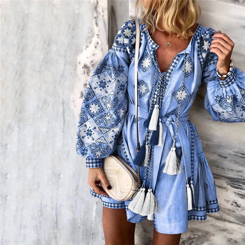 New 2020 Spring Autumn Women Casual Dress Elastic Waist V-Neck Printed Floral Print Dress Female Party Dress Vestidos