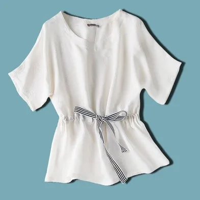 New white jacquard three-dimensional waistband Bat Sleeve Silk T-shirt - Цвет: Слоновая кость