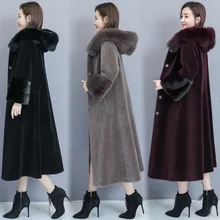 Настоящая стриженая овечья шерсть, пальто для женщин, новинка, зимняя куртка с капюшоном, длинная норковая шуба для матери