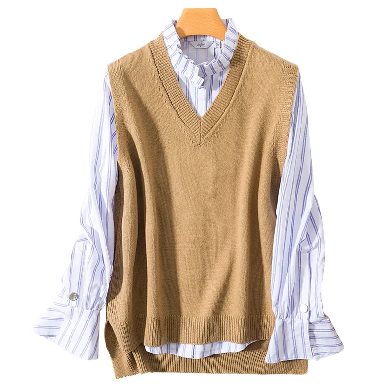 

Women Vest Sleeveless 100% Cashmere and Wool Knitting sweaters female V-neck loose winter & autumn woolen blended pullovers Tops