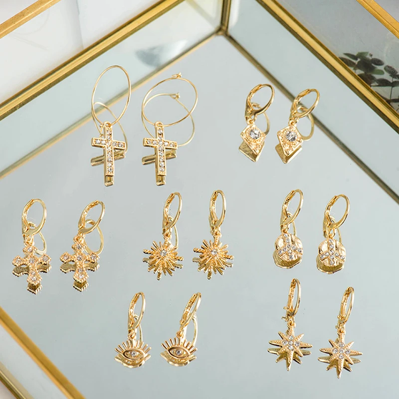 

Fever&Free New Gold Small Hoop Earring For Women Cross Rhinestone Circle Earring Set Accesorios Mujer Pendientes Mujer Moda 2019