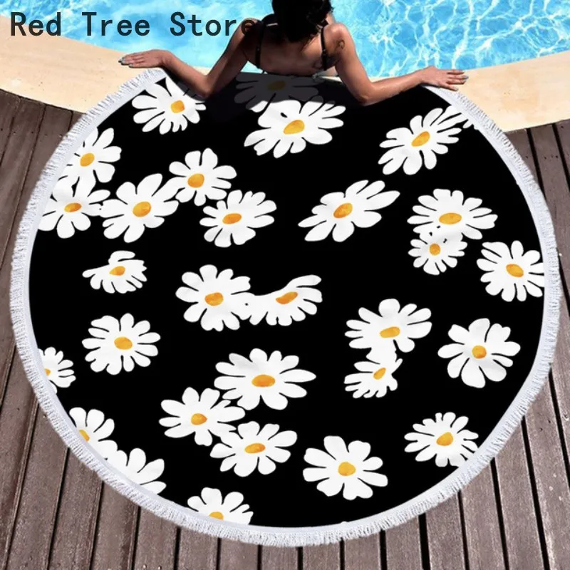 Round Beach Towel 3D Little Daisy Flower Bath Shower Blanket Floral Yoga Mat Ultra Soft Super Water Absorbent Microfiber Cover | Дом и сад