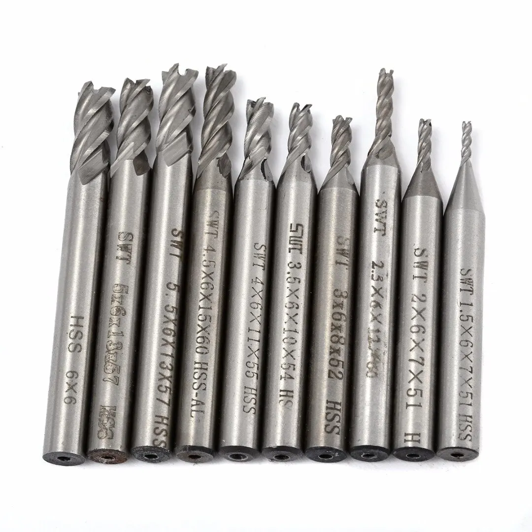 

10pcs/Set HSS 4 Flutes End Mill Straight Shank CNC Cutting Bits 1.5-6mm Woodworking Milling Cutters Kit