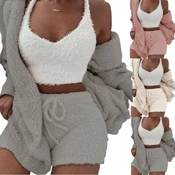 

Autumn Winter Women Plush Coat Hooded Long Sleeve Cardigan Outwear+Shorts 2pcs