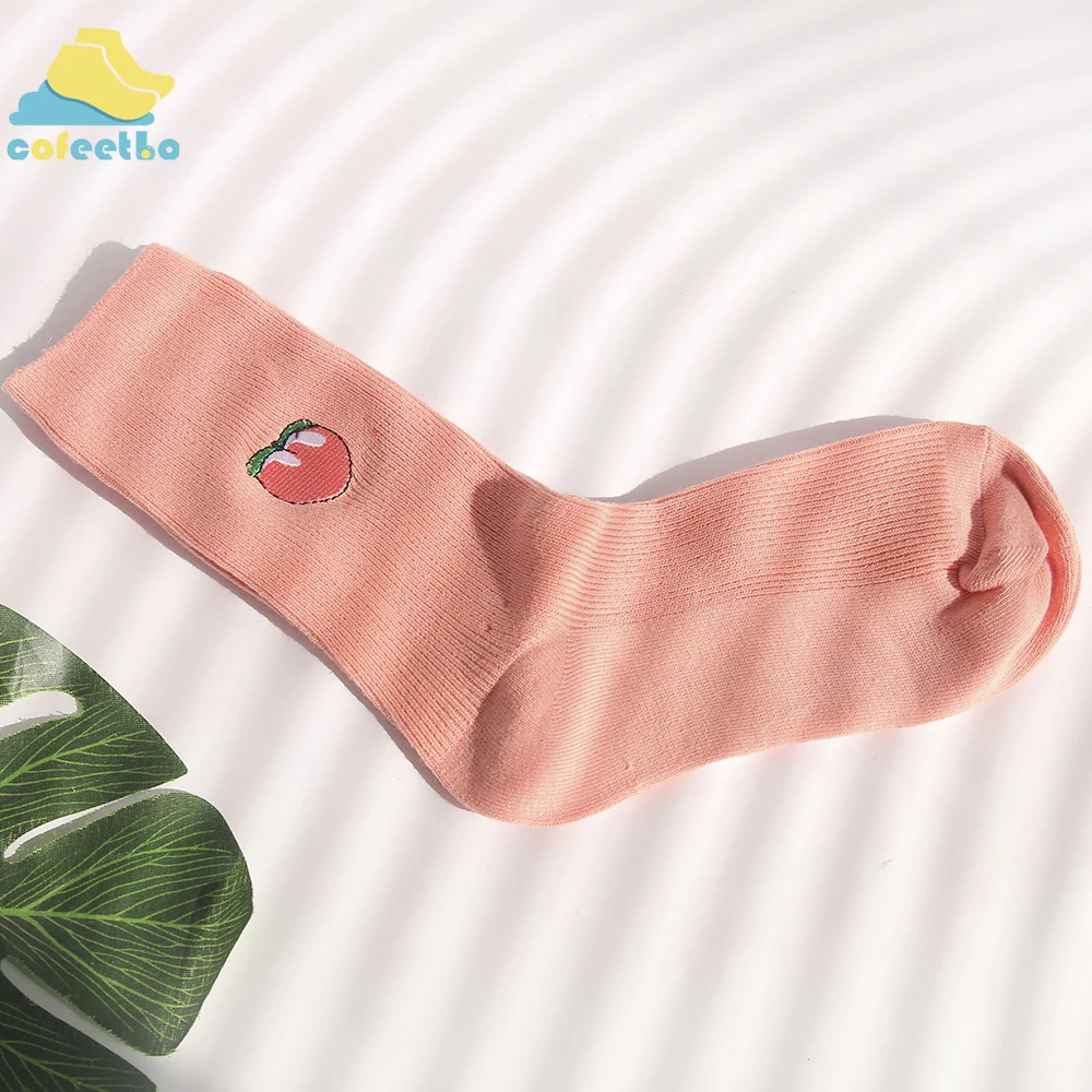 Pink Милые хлопковые женские носки с фруктовым принтом, Meias, авокадо, Ретро стиль, с вышивкой, длинные забавные носки, Harajuku, разноцветные чулки для девочек - Цвет: Pink