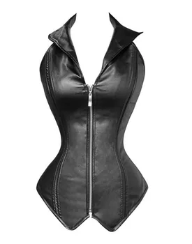 

Faux Leather Black Zipper Overbust Corset Sexy Lapel Halter Strap Steel Boned Waister CIncher Steampunk Costume S-2XL