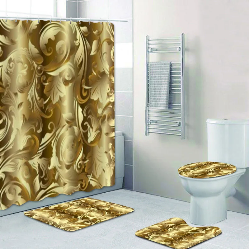 

3D Golden Floral Baroque Damask Shower Curtain Set with Hooks for Bathroom Toilet Luxury Bath Mat Rug Carpet Home Decor Gifts