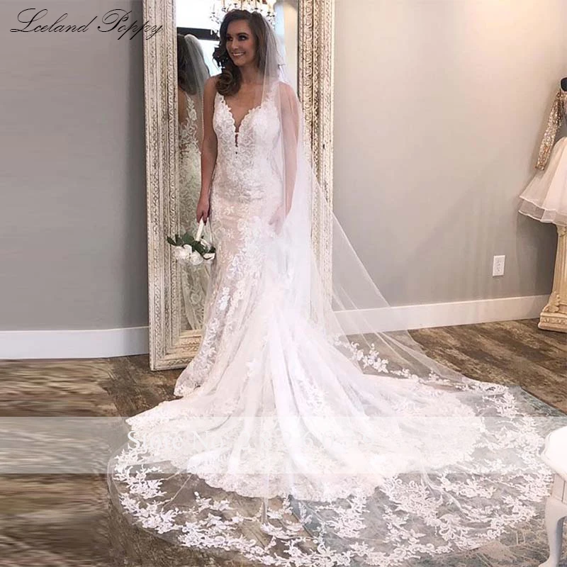 Свадебные платья с v-образным вырезом, кружевной аппликацией, Русалка,, Vestido de Noiva, длина до пола, без рукавов, свадебные платья, часовня, шлейф