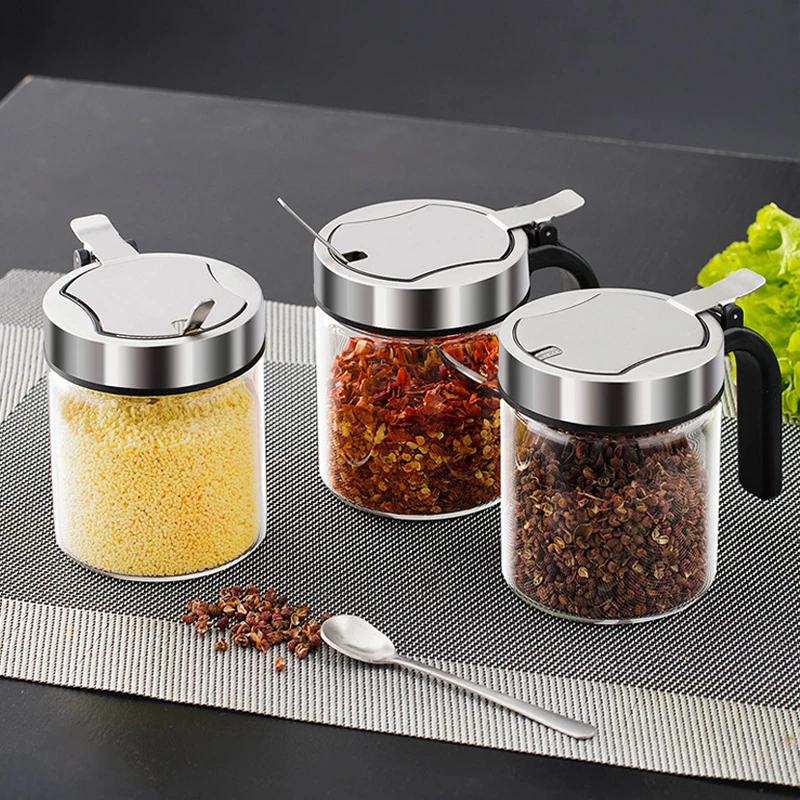 Kitchen Stainless Steel Seasoning Spice Jar Sugar Salt Bowl with Lid & Spoon Set 