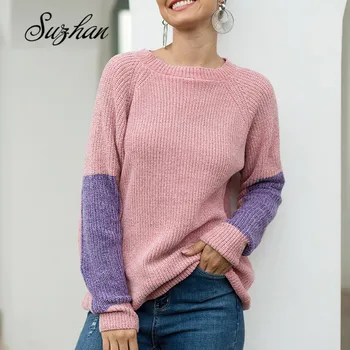 

Suzhan 2019 Knitted Pullovers Sweater Women O Neck Patchwork Long Sleeve Pullover Autumn Casual Tops Knitwear