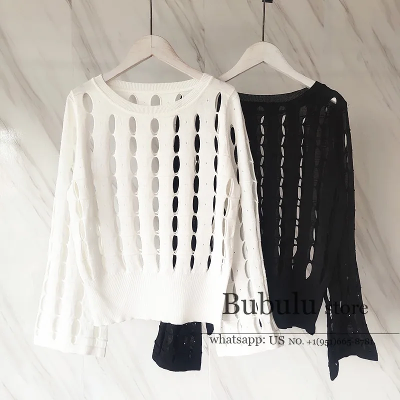 

vintage 70s hippie Autumn Women round Neck Long Sleeve Solid Color Hollow out bell Long Sleeve Pullover Knitted sweater pullover