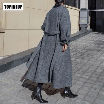 

2019 new lapel long large size striped woolen coat oose long type coat over the knees jacket for women large size
