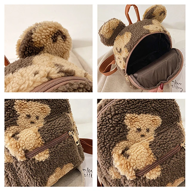 Kawaii Bear Ears Plush Shoulders Bags For Women 2022 New Cartoon Bear Fleece Backpack Cute Furry Bag  Winter Faux Fur Mochila 4