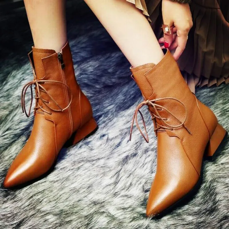 

Fashion Pure Women's leather boots Round Toe Slip-On autumn boots Thin Heels Vintage boots women winter chaussures femme C13-12