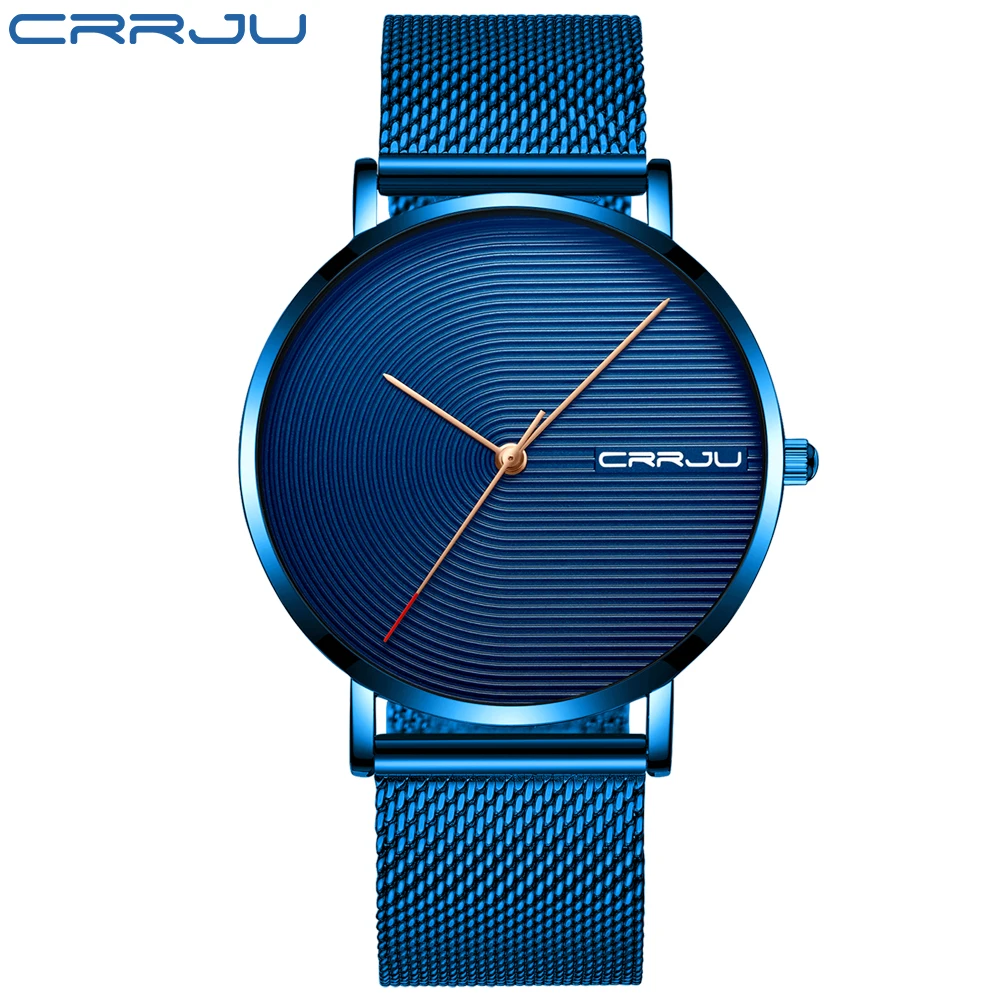 blue blue Мужские часы из нержавеющей стали CRRJU, новинка, мужские модные водонепроницаемые наручные часы, простой дизайн - Цвет: blue blue