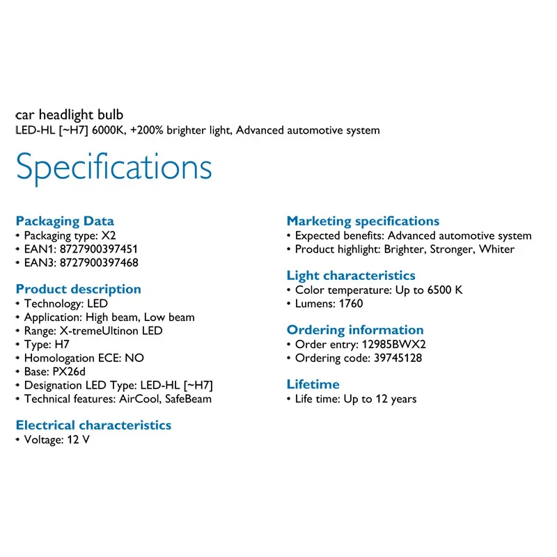  Philips X-treme Ultinon LED H7 12V 6000K +200% more Bright Car Headlight Auto Original OEM Upgrade 