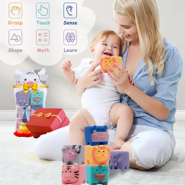 Let's Make Cartoon Animal Baby Soft Silicone Building Blocks Toy Grasp 3D Touch Hand Baby Massage Rubber Squeeze Toy Gift 2