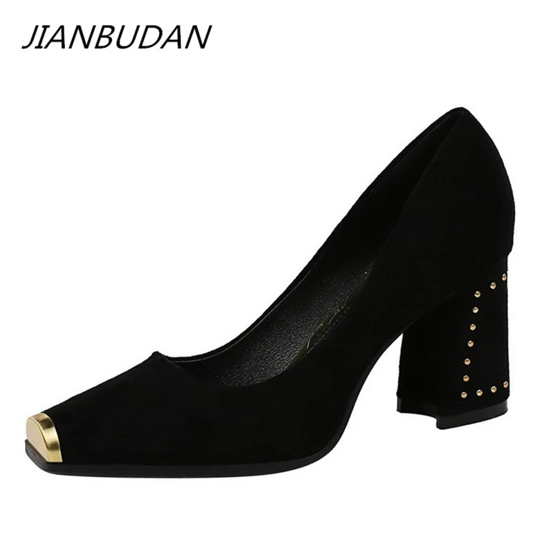 

JIANBUDAN Office Lady Work shoes Women's Sexy Round Heels Pumps Spring Comfortable Suede Party Shoes Square toe Women's shoes