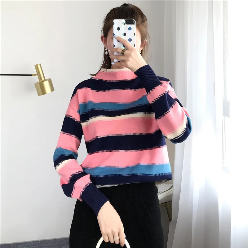 

Women Sweater Plus Size Elegant Color Block Striped Jumper Knitted Top Winter Jersey Chic Loose Long Sleeve Pullovers Autumn