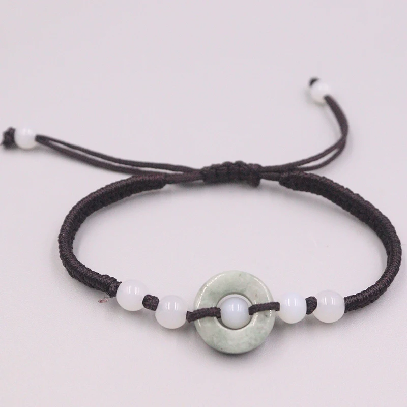 New Craft Natural Jadeite White Circle Bead 15mmW with Black Cord Knitted Bracelet 6.3inch Women Best Gift | Украшения и