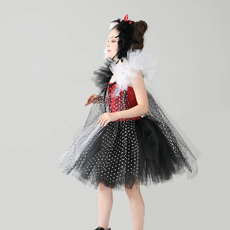 Cruella De Vil inspired Girls Tutu Dress with Headband Kids Dalmatians Villain Halloween Costume Polka Dot Children Party Dress (7)