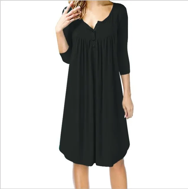 Новое платье размера плюс, женское хлопковое повседневное свободное однотонное летнее платье на пуговицах с круглым вырезом, модная женская одежда, женское платье с рукавом семь